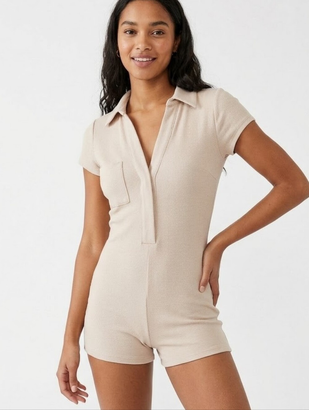 Urban Outfitters Ribbed Polo Romper Neutral Beige Small UO Knit Short Jumpsuit